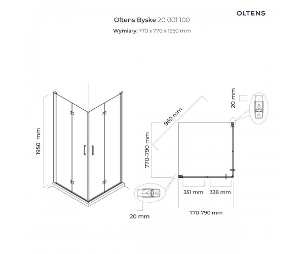 Oltens Byske kabina prysznicowa 80x80 cm kwadratowa chrom/szkło przezroczyste 20001100