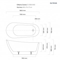 Oltens Gocta wanna wolnostojąca 160x75 cm owalna akrylowa biały połysk 12006000