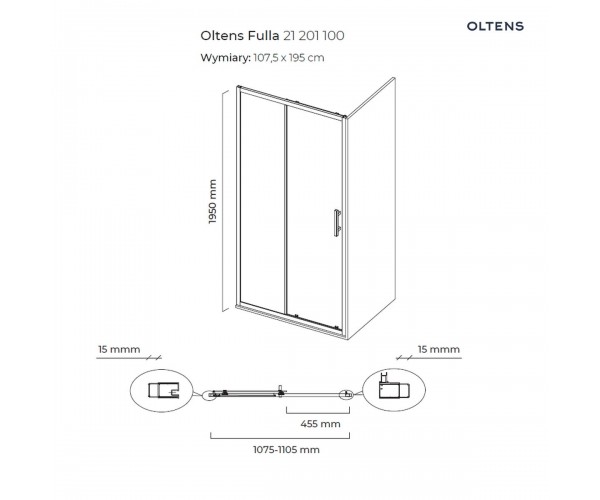 Oltens Fulla drzwi prysznicowe 110 cm wnękowe chrom błyszczący/szkło przezroczyste 21201100