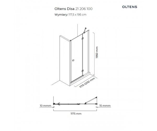 Oltens Disa drzwi prysznicowe 120 cm wnękowe szkło przezroczyste 21206100