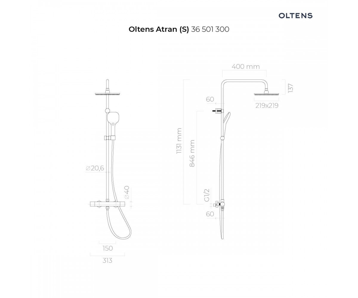 Oltens Atran (S) zestaw prysznicowy termostatyczny z deszczownicą kwadratową czarny mat 36501300