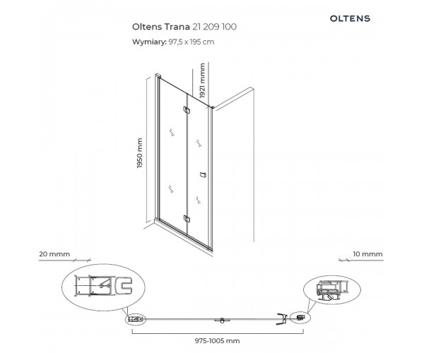 Oltens Trana kabina prysznicowa 100x90 cm prostokątna drzwi ze ścianką chrom/szkło przezroczyste 20201100