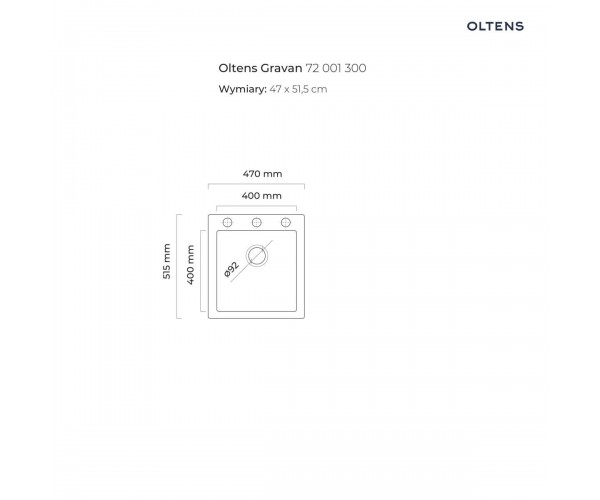 Oltens Gravan zlewozmywak granitowy 1-komorowy 47x51,5 cm czarny mat 72001300