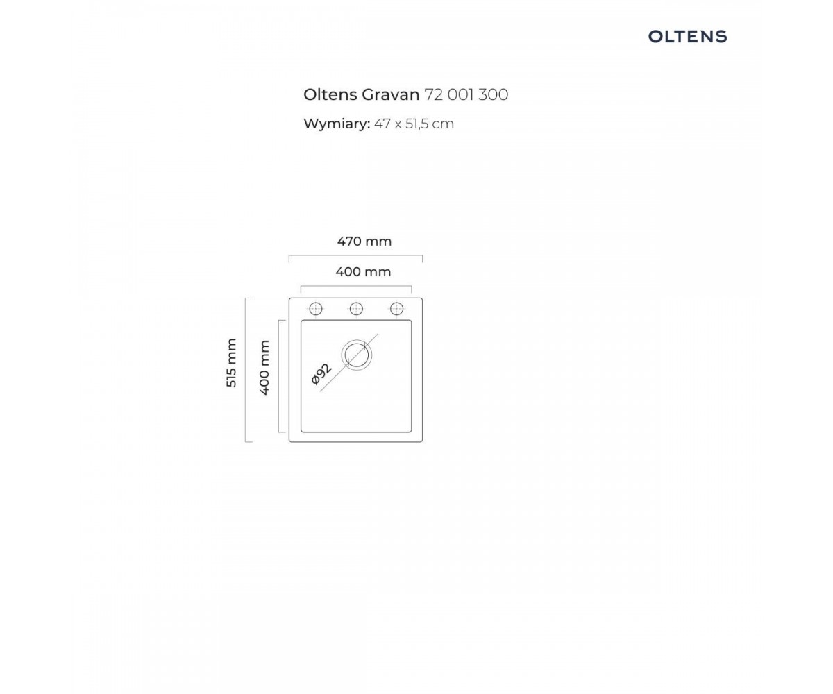 Oltens Gravan zlewozmywak granitowy 1-komorowy 47x51,5 cm czarny mat 72001300