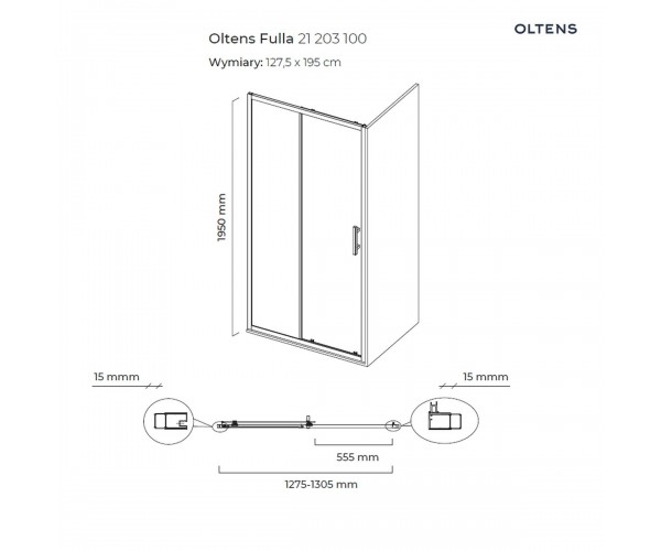 Oltens Fulla kabina prysznicowa 130x90 cm prostokątna drzwi ze ścianką chrom/szkło przezroczyste 20210100