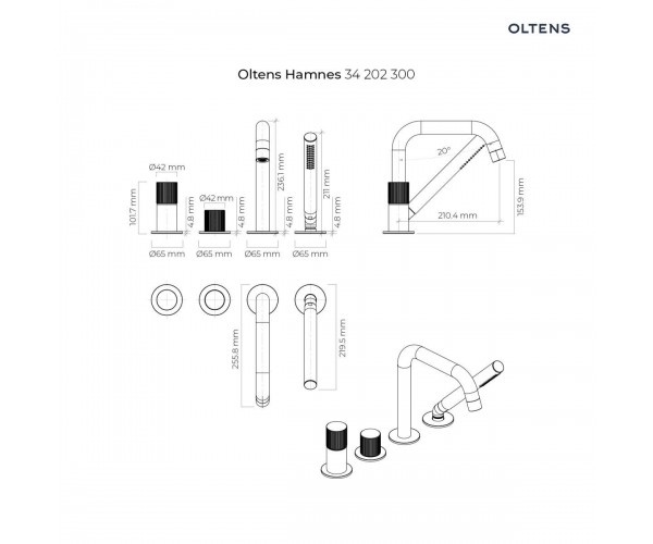 Oltens Hamnes bateria wannowo-prysznicowa 4-otworowa kompletna czarny mat 34202300