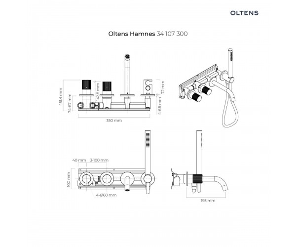 Oltens Hamnes bateria wannowo-prysznicowa podtynkowa 4-otworowa kompletna czarny mat 34107300