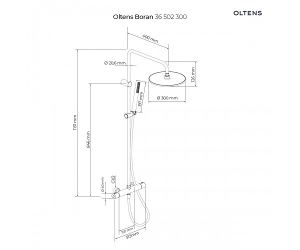 Oltens Boran zestaw prysznicowy termostatyczny z deszczownicą okrągłą czarny mat 36502300