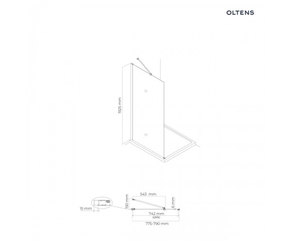 Oltens Hallan ścianka prysznicowa 80 cm boczna do drzwi czarny mat/szkło przezroczyste 22100300