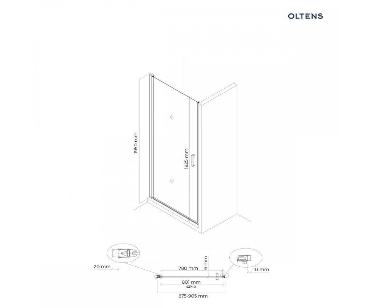 Oltens Rinnan drzwi prysznicowe 90 cm wnękowe czarny mat/szkło przezroczyste 21208300
