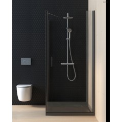Oltens Hallan kabina prysznicowa 80x90 cm prostokątna drzwi ze ścianką czarny mat/szkło przezroczyste 20200300
