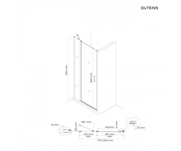 Oltens Verdal kabina prysznicowa 120x90 cm protokątna drzwi ze ścianką czarny mat/szkło przezroczyste 20213300