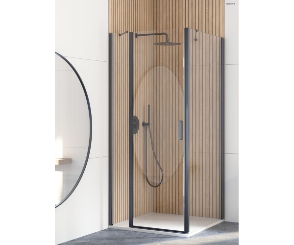 Oltens Rinnan kabina prysznicowa 90x90 cm kwadratowa drzwi ze ścianką czarny mat/szkło przezroczyste 20014300