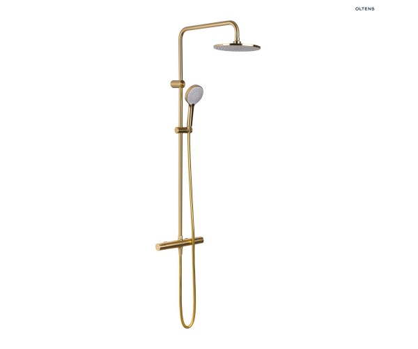 Oltens Atran zestaw prysznicowy termostatyczny z deszczownicą okrągłą złoto szczotkowane 36500810