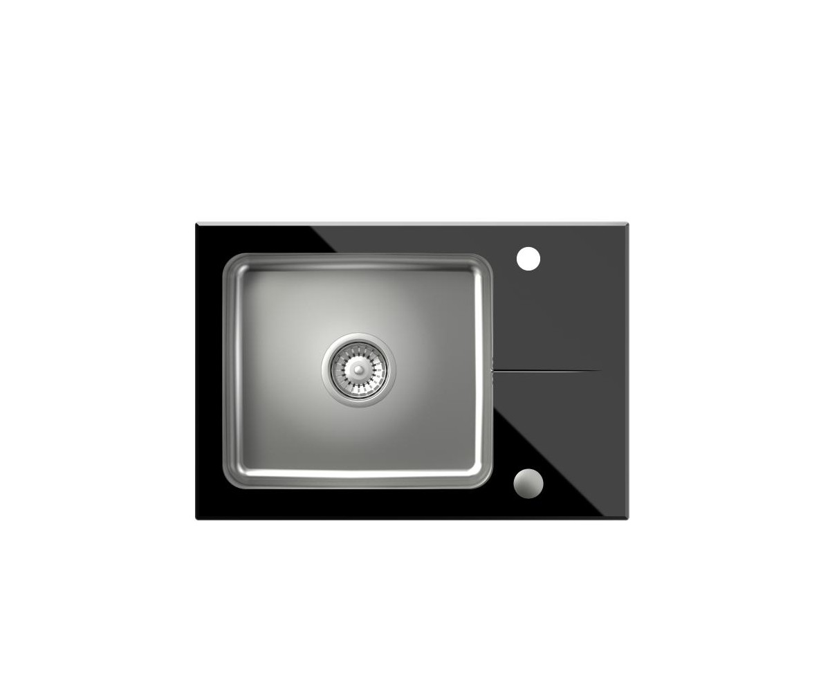Hugh 116 komora stalowa z czarnym blatem szklanym z syfonem i zaślepką (640x440/R35) + NAOMI SteelQ stalowa bateria kuchenna c