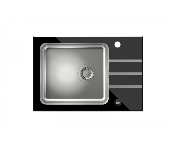 Jack 116 komora stalowa z czarnym blatem szklanym z syfonem i zaślepką (640x440/R35) + NAOMI SteelQ stalowa bateria kuchenna c