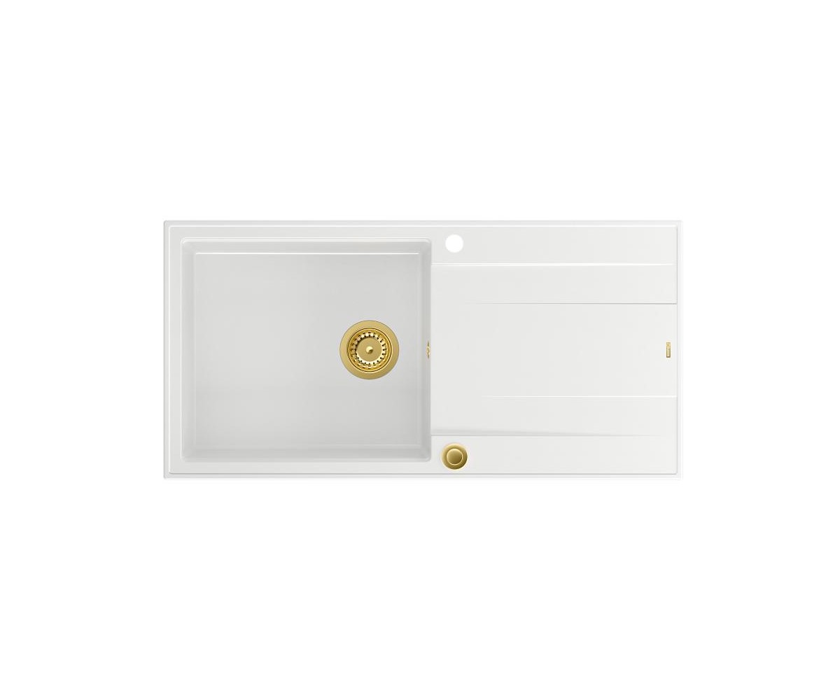 EVAN 146 XL GraniteQ zlewozmywak z syfonem Push 2 Open 1-komorowy z/o (1000x500x210 kom. 420x480) snow white / elementy złote 