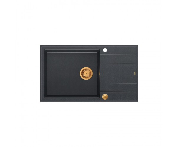 EVAN 136 XL GraniteQ zlewozmywak z syfonem Push To Open 1-komorowy z/o (860x500x210 kom. 420x490) black diamond / elementy miedz