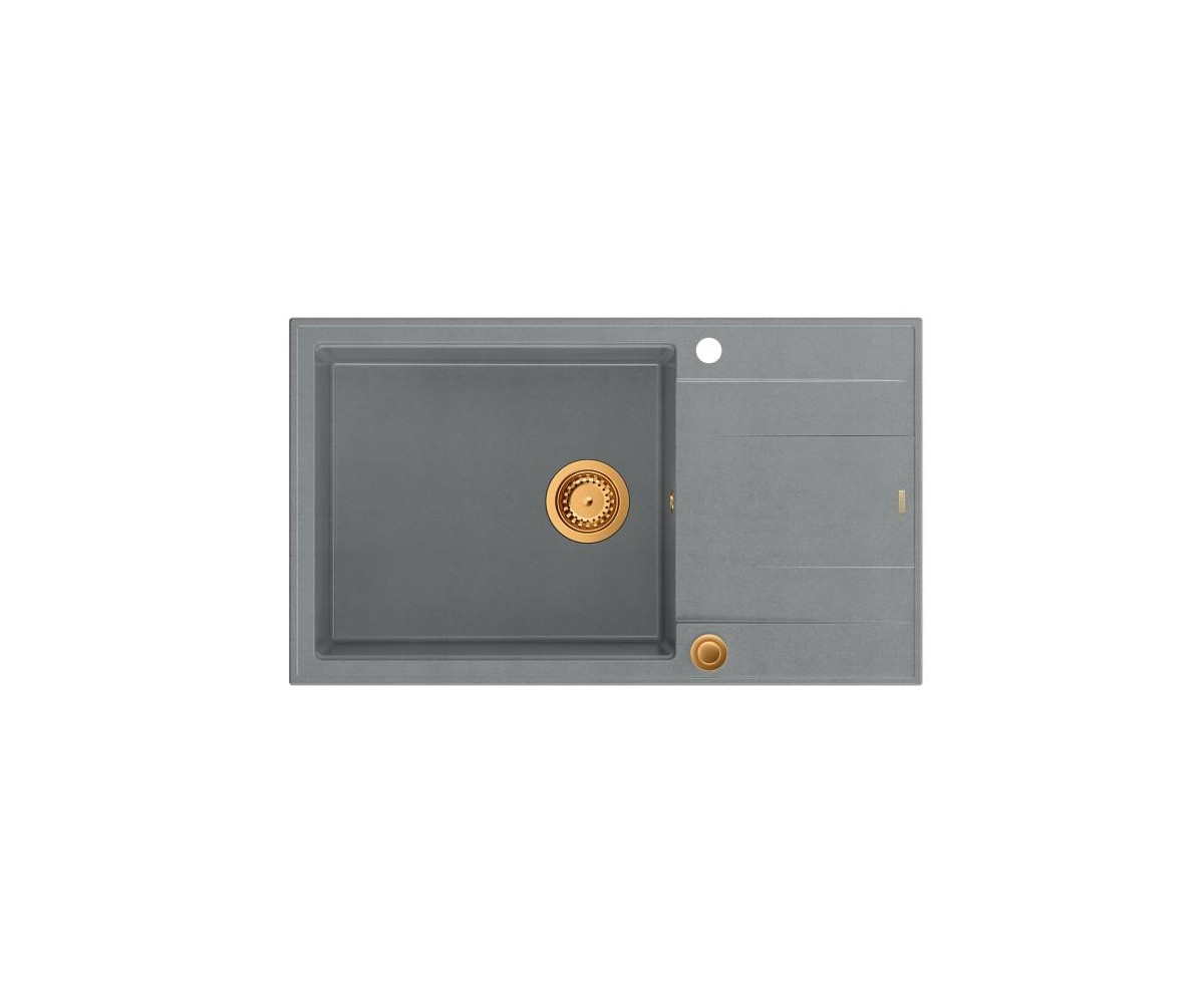 EVAN 136 XL GraniteQ zlewozmywak z syfonem Push To Open 1-komorowy z/o (860x500x210 kom. 420x490) silver stone / elementy miedzi