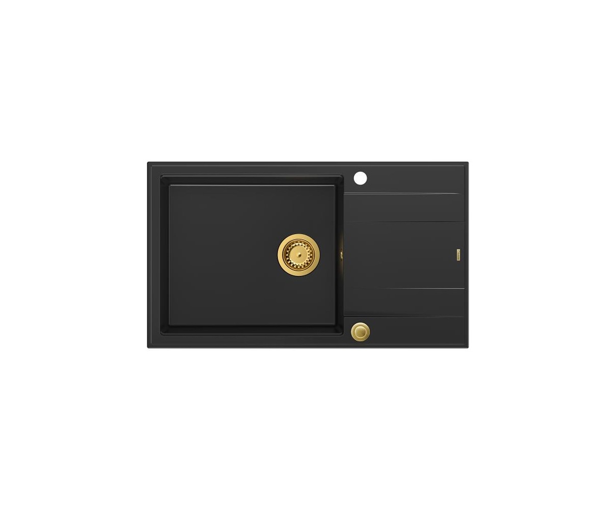 EVAN 136 XL GraniteQ zlewozmywak z syfonem Push To Open 1-komorowy z/o (860x500x210 kom. 420x490) pure carbon / elementy złote 