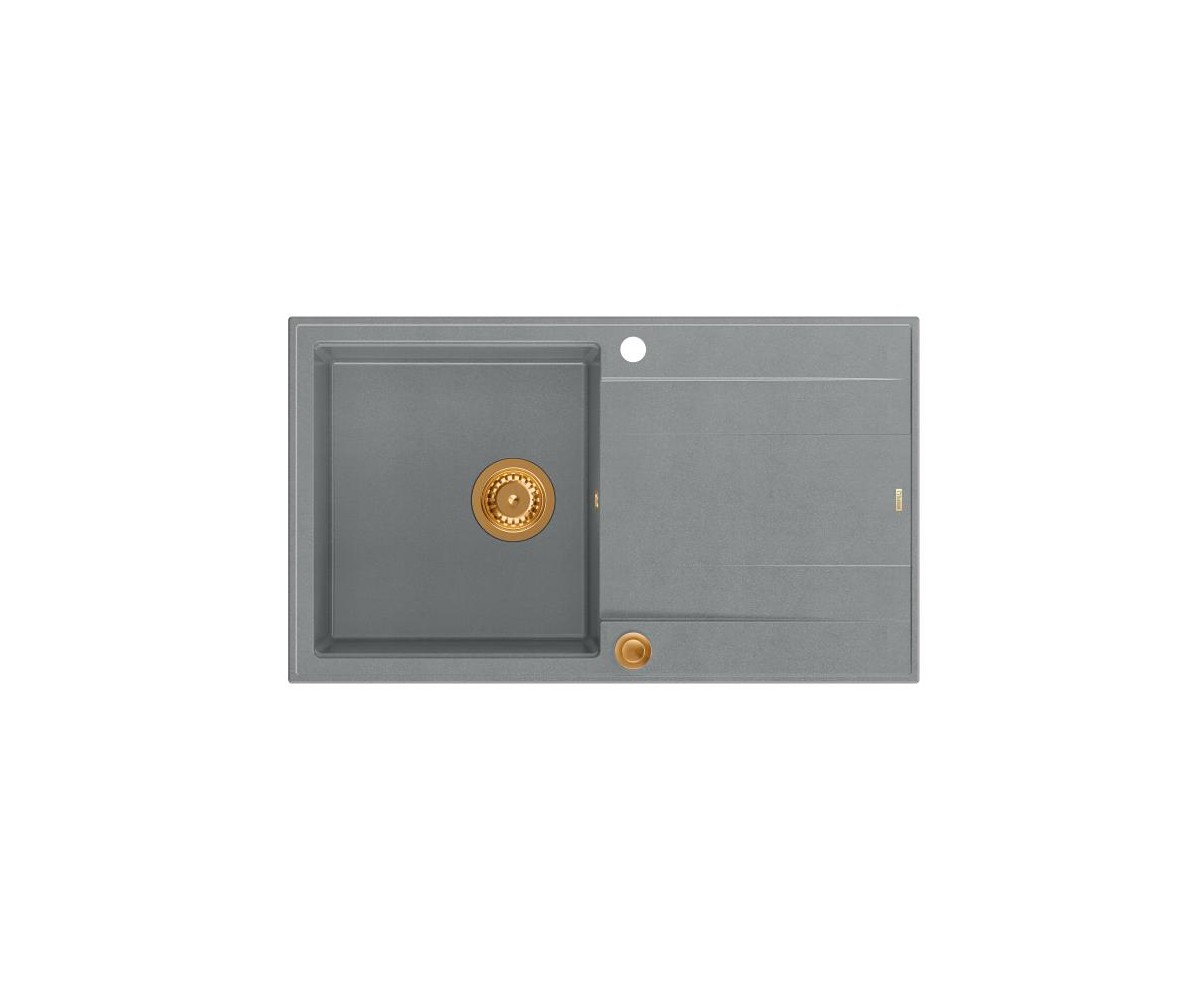 EVAN 111 GraniteQ zlewozmywak z syfonem Push 2 Open 1-komorowy z/o (860x500x210) silver stone / elementy miedziane 