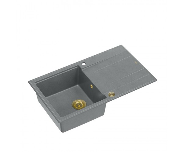 EVAN 111 GraniteQ zlewozmywak z syfonem Push 2 Open 1-komorowy z/o (860x500x210) silver stone / elementy złote 