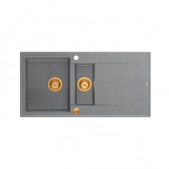 EVAN 156 GraniteQ zlewozmywak z syfonem Push To Open 2-komorowy z/o (1000x500x210 kom. 420x480) silver stone / elementy miedzian
