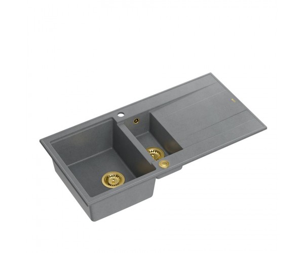 EVAN 156 GraniteQ zlewozmywak z syfonem Push To Open 2-komorowy z/o (1000x500x210 kom. 420x480) silver stone / elementy złote 