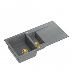 EVAN 156 GraniteQ zlewozmywak z syfonem Push To Open 2-komorowy z/o (1000x500x210 kom. 420x480) silver stone / elementy złote 