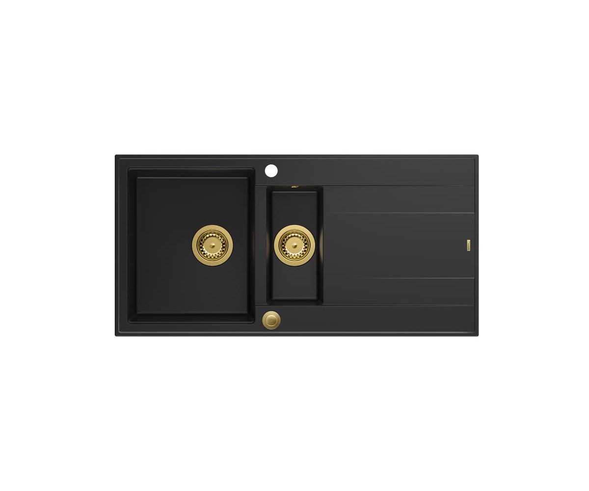 EVAN 156 GraniteQ zlewozmywak z syfonem Push To Open 2-komorowy z/o (1000x500x210 kom. 420x480) pure carbon / elementy złote 