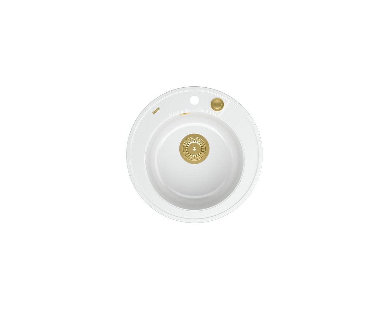 MORGAN 210 GraniteQ zlewozmywak snow white z syfonem Push To Open kol. złoty okrągły 1-komorowy b/o + zaczepy 3 szt 