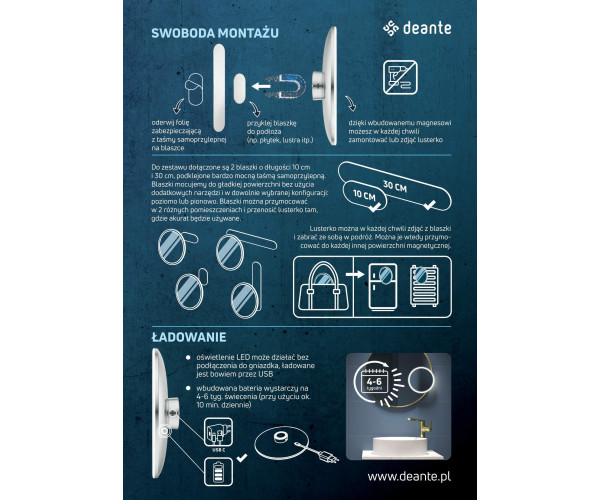 Round Lusterko kosmetyczne magnetyczne - podświetlenie LED